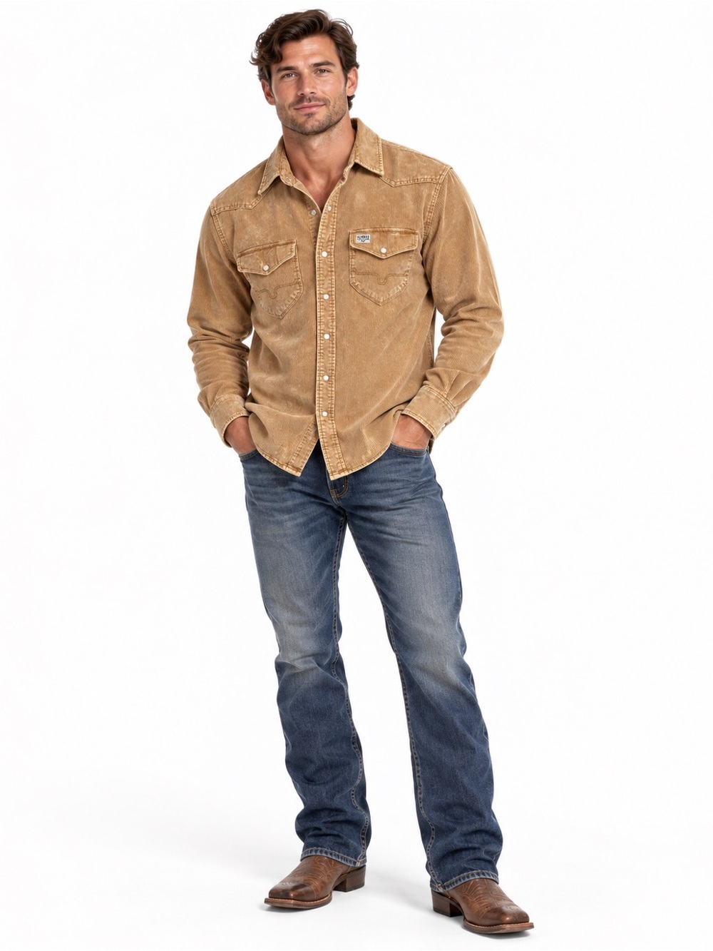 Kimes Ranch Men's L Corduroy Pearl Snap Western Shirt Mineral Wash Brown